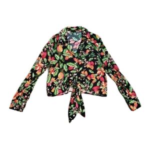 Nicole Miller Size Large Dark Floral Long Sleeve Tie Waist Button Down Top